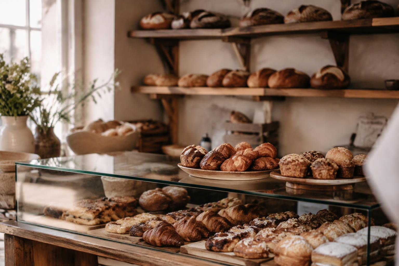 Interior de La Boulangerie 17 con panes y pastelería en vitrina